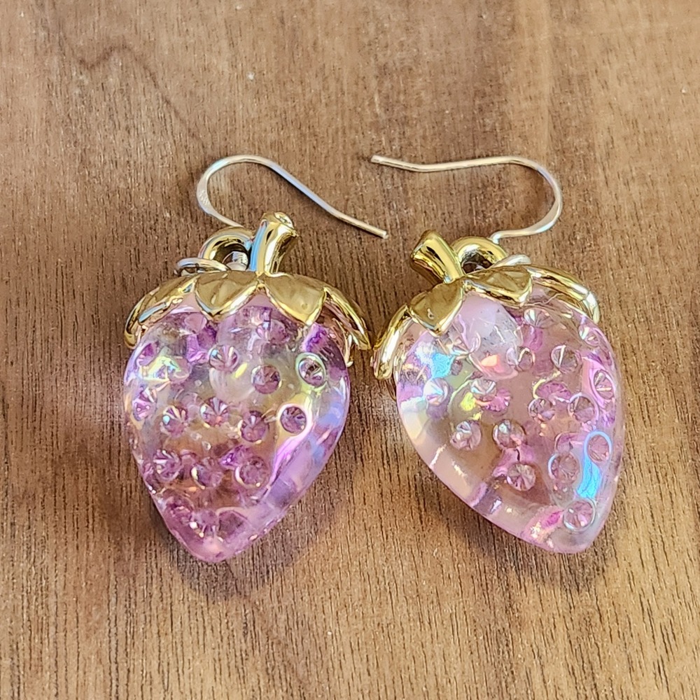 Pink Iridescent Strawberry Drop Earrings Gold Leaf Fruit Dangle Purple Resin